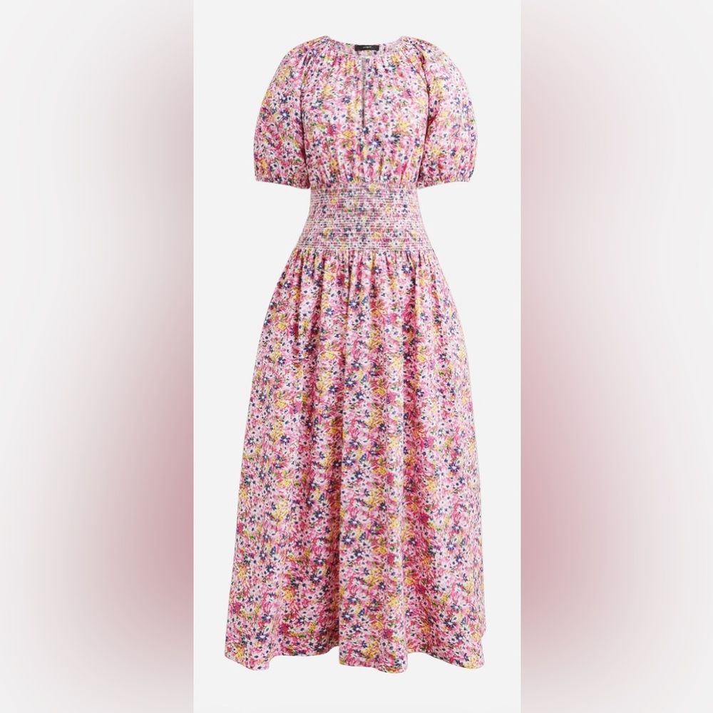 J. Crew Pink Floral Smocked Midi Dress